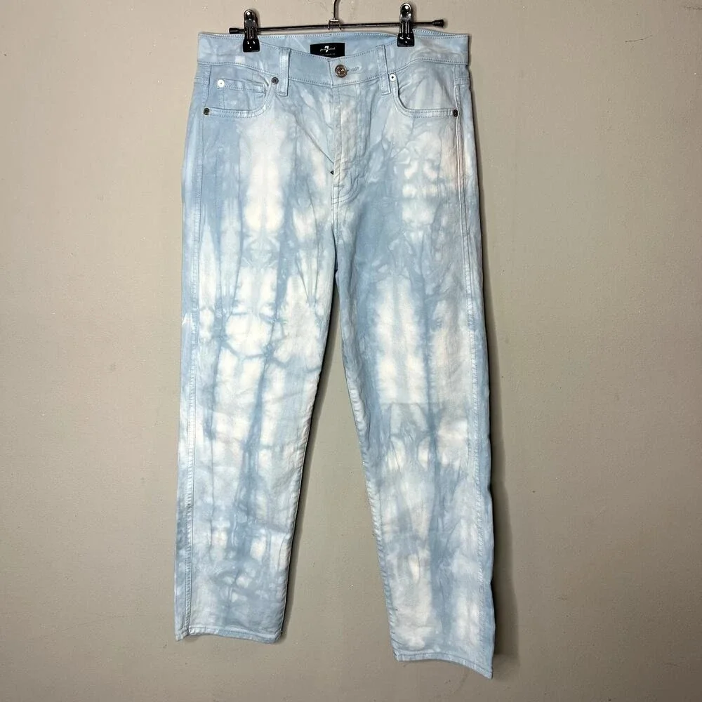 7 For All Mankind High‎ Waist Cropped Straight Cloud Wash Tye Dye Jeans Size 29